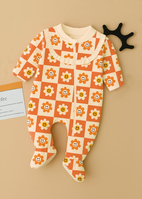 Sunny Checks Frilled Zipper Fleece Footed Sleepsuit